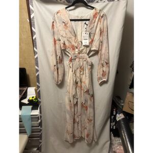NWT Zara Floral Cut-Out Ruffle Dress Cream Multicoloured Size XS